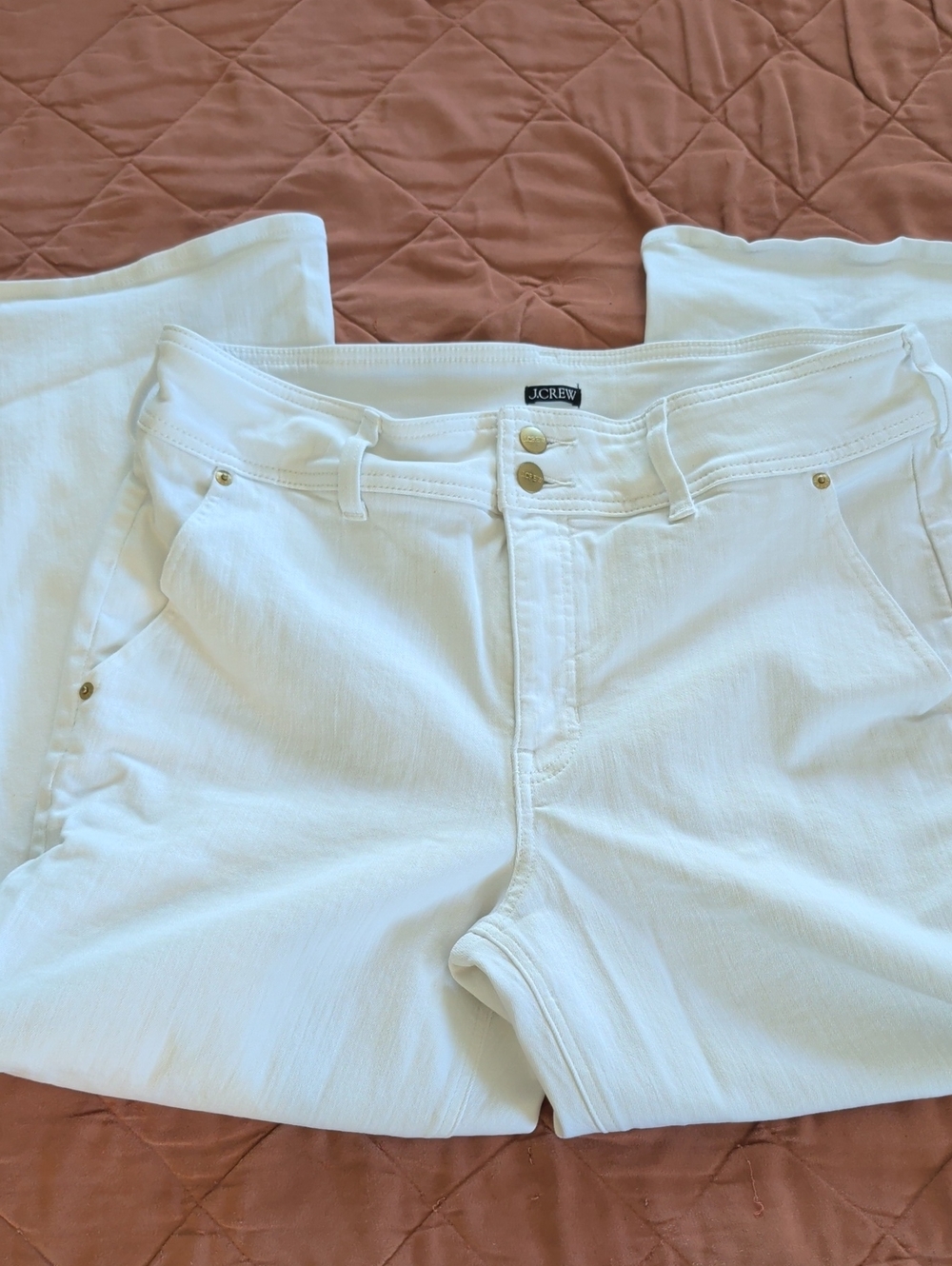 J. Crew Wide-leg Crop White Jeans with Gold-Tone Hardware
